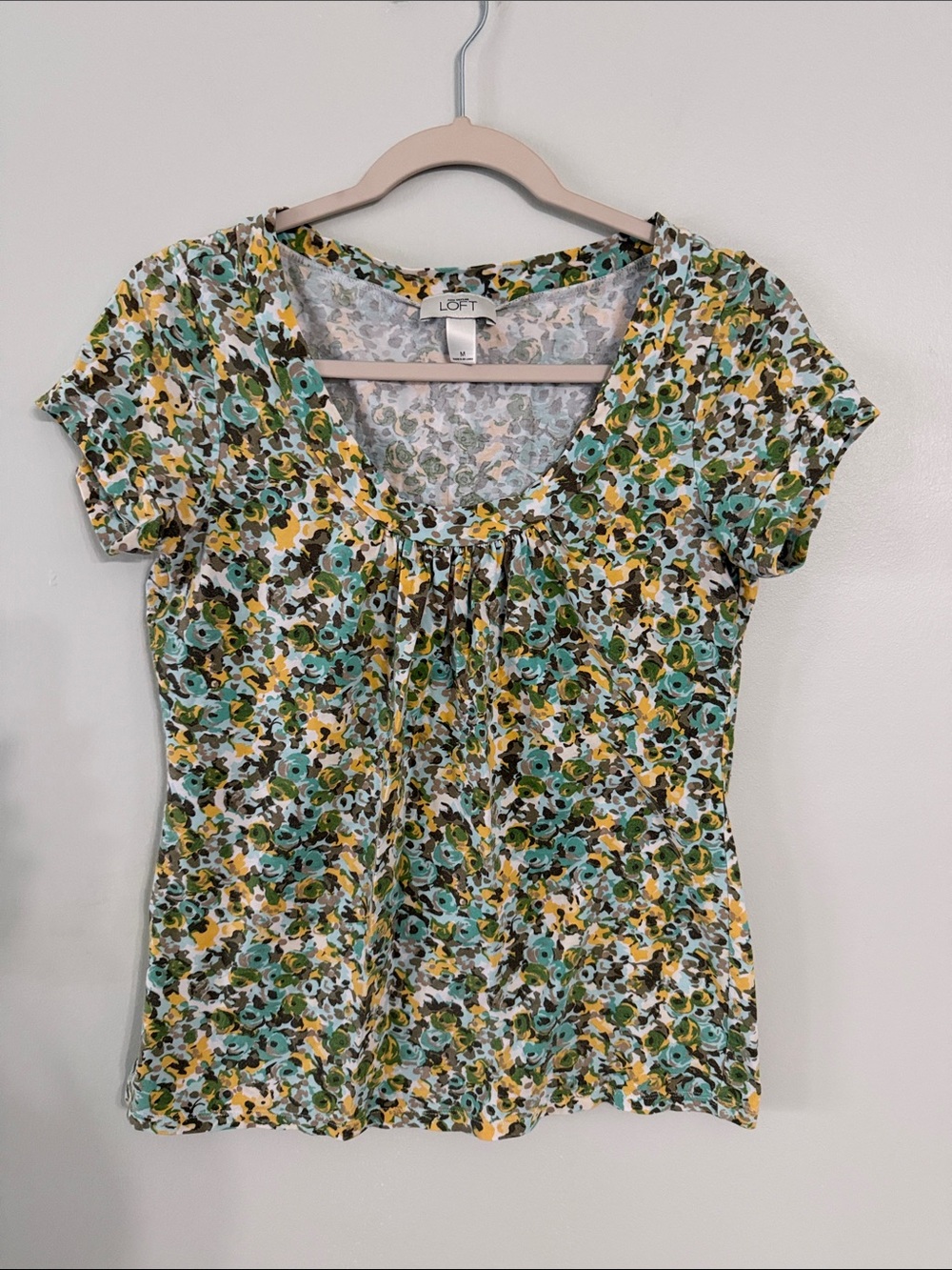 LOFT Short Sleeve Floral Scoop Top - Teal, Yellow & White